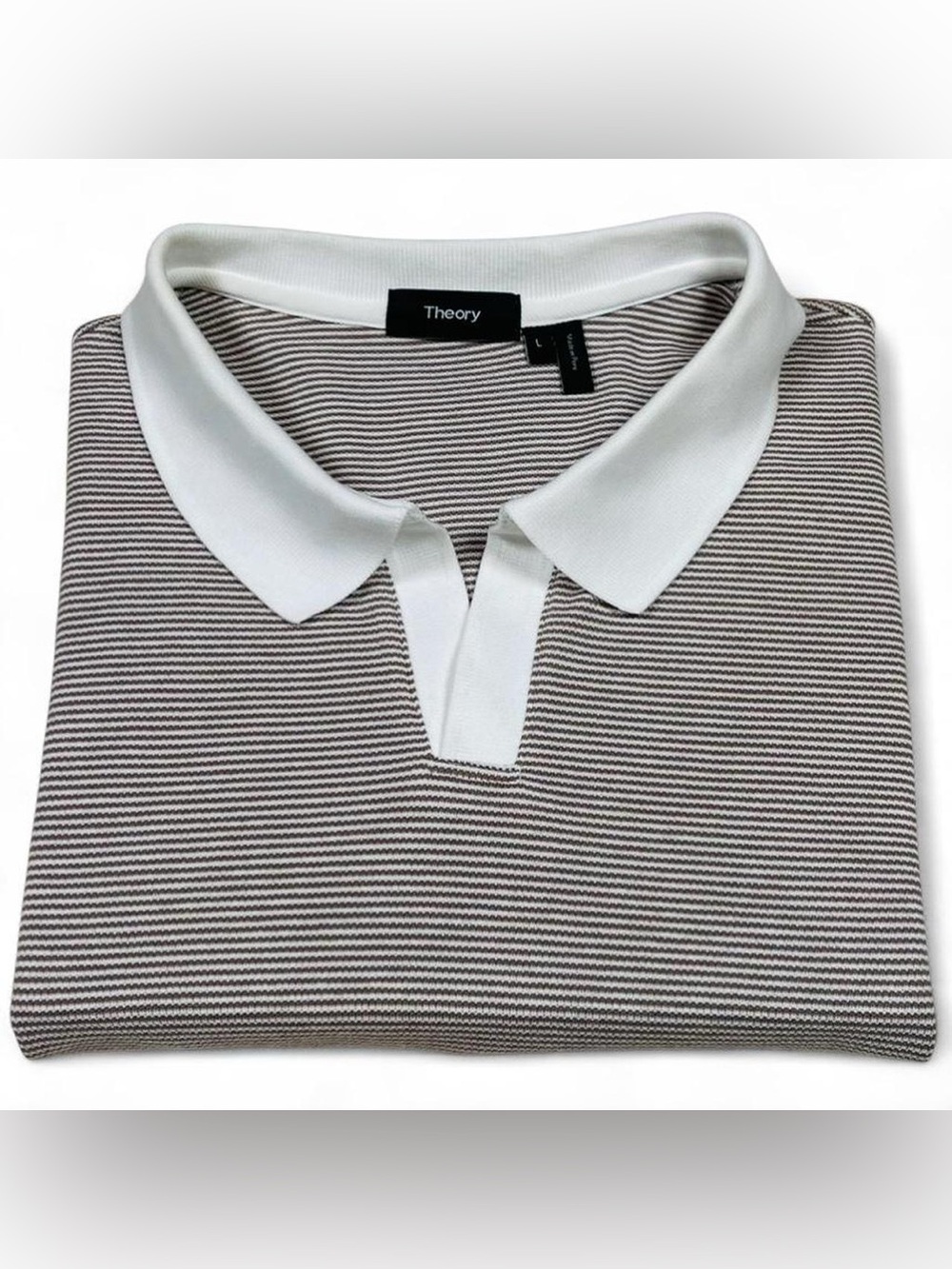 NWOT! Theory Malden Johnny Collar Function Pima Brown Striped Polo Shirt Size L